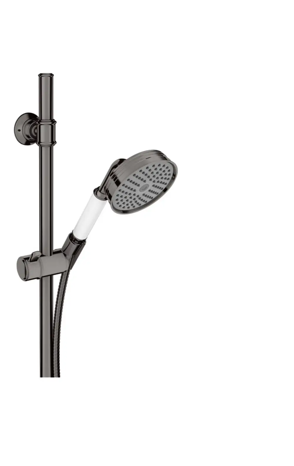 Brausekopf mit Halterung und Schlauch in Polished Black Chrome, montiert an vertikalem Rohr. Produkt von AXOR, für Dusche geeignet.